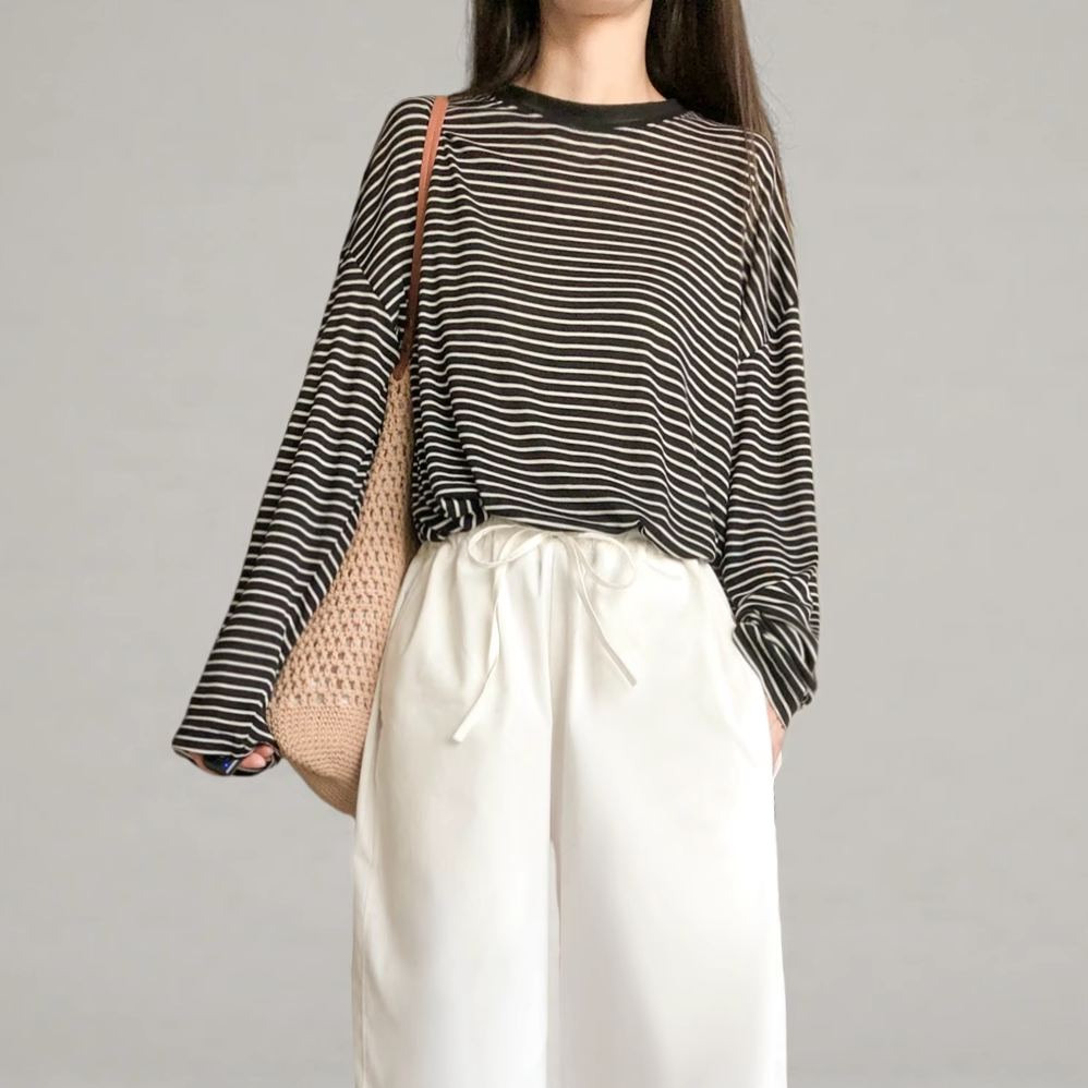 Striped Long-Sleeve Lightweight T-Shirt for Women - Summer Style, Loose-Fitting, Breathable Base Layer, Versatile Casual Top