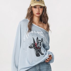 Striped Long Sleeve Off-Shoulder T-Shirt for Women - American Style Cool Thin Sun Protection Cover-Up - Trendy Hot Girl Top