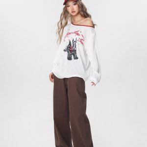 Striped Long Sleeve Off-Shoulder T-Shirt for Women - American Style Cool Thin Sun Protection Cover-Up - Trendy Hot Girl Top