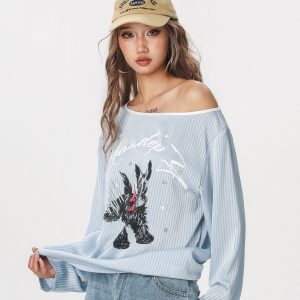 Striped Long Sleeve Off-Shoulder T-Shirt for Women - American Style Cool Thin Sun Protection Cover-Up - Trendy Hot Girl Top