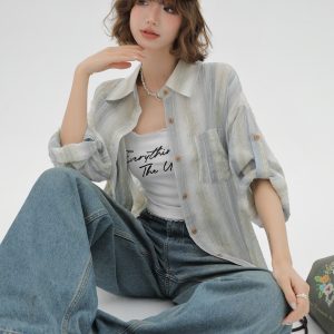 Striped Long Sleeve Shirt for Women - Color-Blocking Loose Sun-Protective Jacket Top for Spring & Autumn, Versatile Fashion Essential