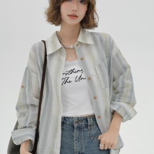 Striped Long Sleeve Shirt for Women - Color-Blocking Loose Sun-Protective Jacket Top for Spring & Autumn, Versatile Fashion Essential