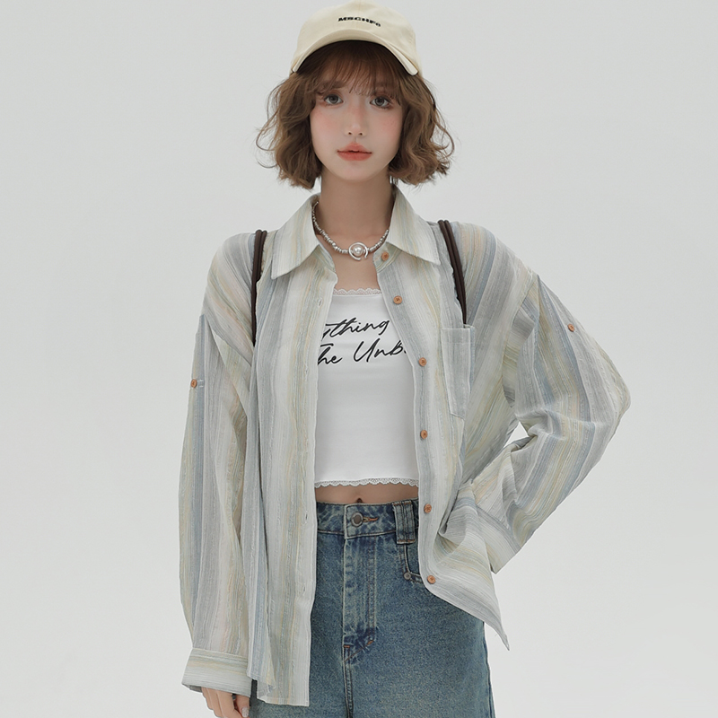 Striped Long Sleeve Shirt for Women - Color-Blocking Loose Sun-Protective Jacket Top for Spring & Autumn, Versatile Fashion Essential