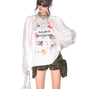 Striped Print V-Neck Long Sleeve T-Shirt for Women - American Sweetheart Style, Autumn Sports Fashion