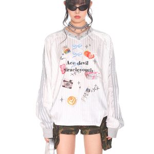 Striped Print V-Neck Long Sleeve T-Shirt for Women - American Sweetheart Style, Autumn Sports Fashion