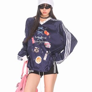 Striped Print V-Neck Long Sleeve T-Shirt for Women - American Sweetheart Style, Autumn Sports Fashion