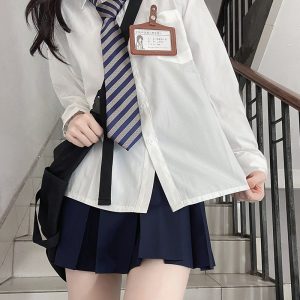 Striped Pudding Bear JK Shirt Set for Women - Short Sleeve & Long Sleeve Uniform, Blue, Summer Fashion, Kawaii Style