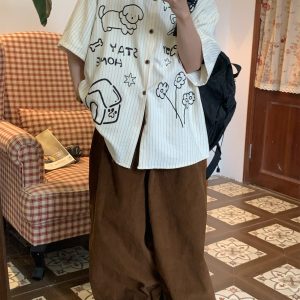 Striped Short Sleeve Shirt for Couples - Summer Loose Fit Dog Print Top - Trendy Vintage Style