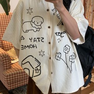 Striped Short Sleeve Shirt for Couples - Summer Loose Fit Dog Print Top - Trendy Vintage Style