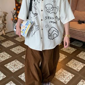 Striped Short Sleeve Shirt for Couples - Summer Loose Fit Dog Print Top - Trendy Vintage Style