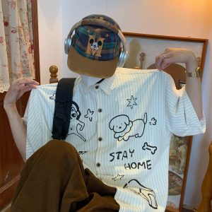 Striped Short Sleeve Shirt for Couples - Summer Loose Fit Dog Print Top - Trendy Vintage Style