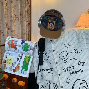 Striped Short Sleeve Shirt with Dog Print for Couples - Summer Loose Fit Versatile Top - Trendy Vintage Style