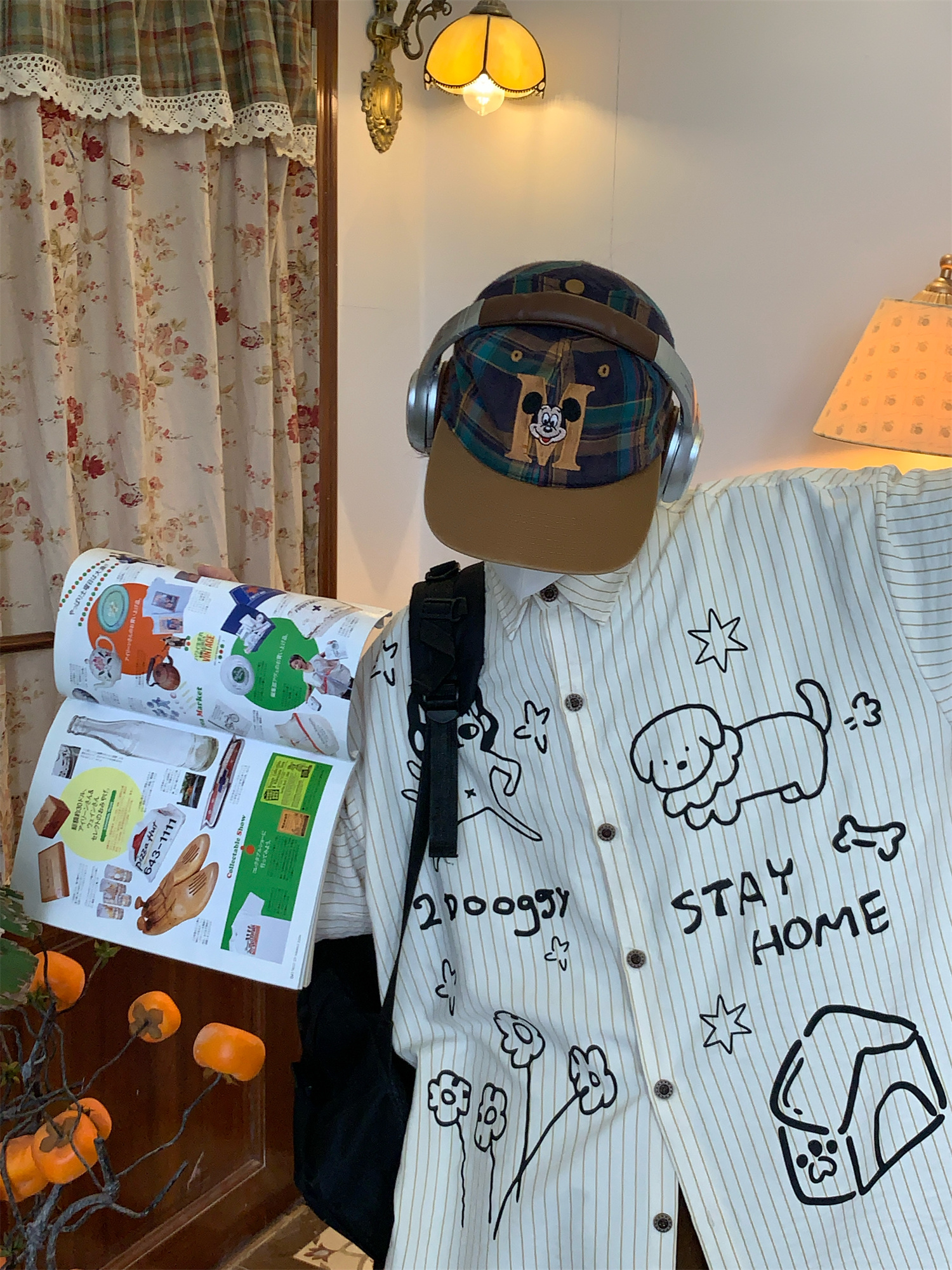 Striped Short Sleeve Shirt with Dog Print for Couples - Summer Loose Fit Versatile Top - Trendy Vintage Style Striped Short Sleeve Shirt with Dog Print for Couples - Summer Loose Fit Versatile Top - Trendy Vintage Style