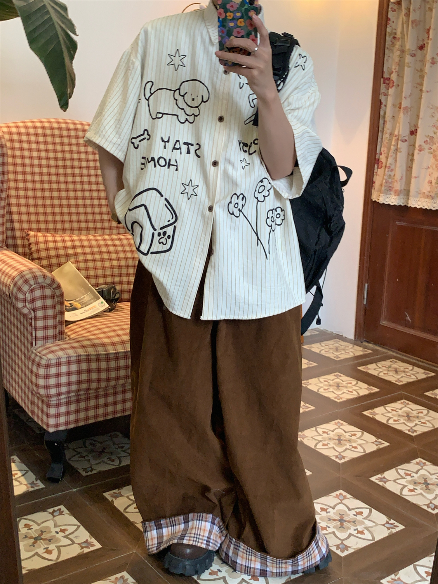 Striped Short Sleeve Shirt with Dog Print for Couples - Summer Loose Fit Versatile Top - Trendy Vintage Style Striped Short Sleeve Shirt with Dog Print for Couples - Summer Loose Fit Versatile Top - Trendy Vintage Style