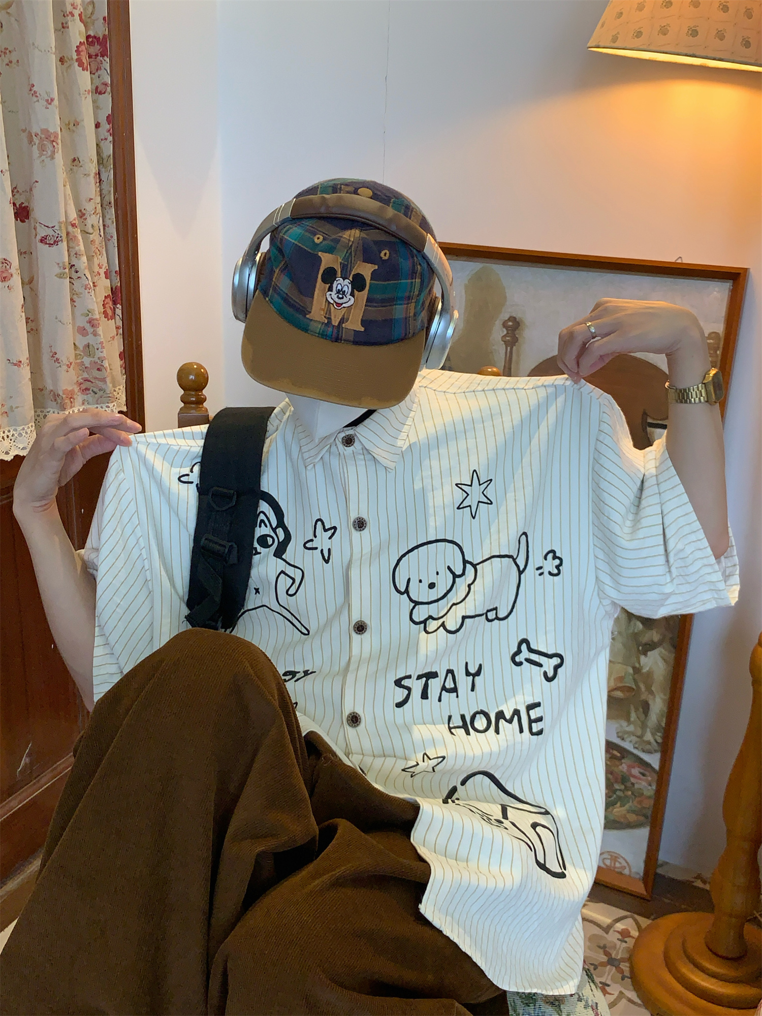 Striped Short Sleeve Shirt with Dog Print for Couples - Summer Loose Fit Versatile Top - Trendy Vintage Style Striped Short Sleeve Shirt with Dog Print for Couples - Summer Loose Fit Versatile Top - Trendy Vintage Style