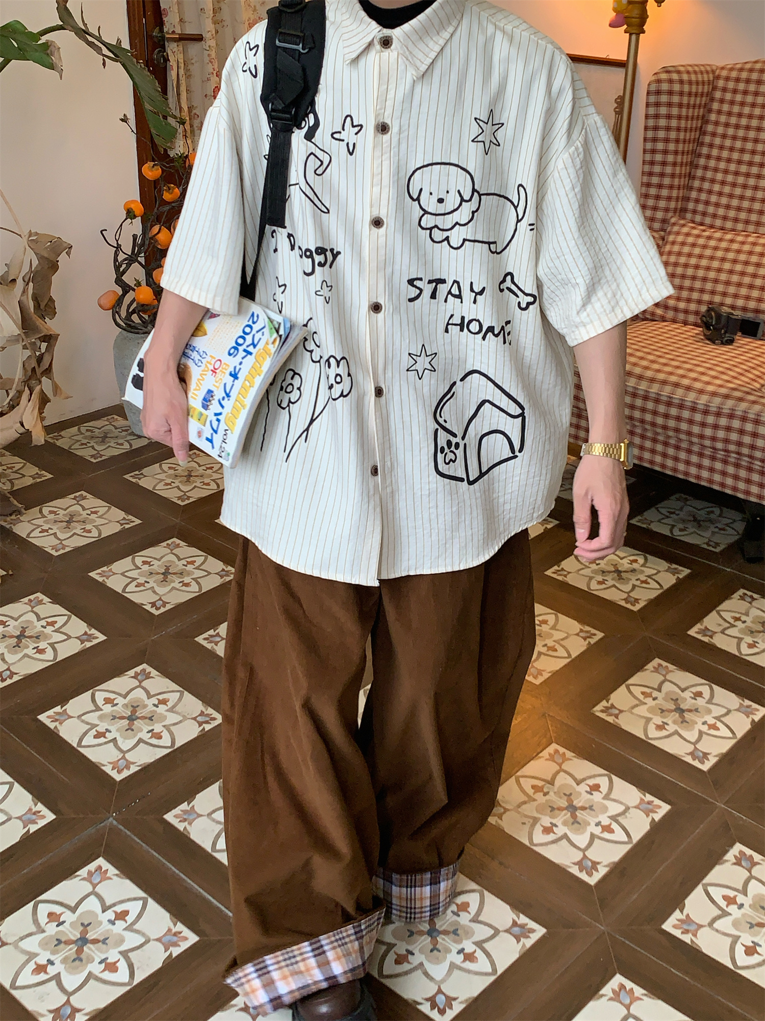 Striped Short Sleeve Shirt with Dog Print for Couples - Summer Loose Fit Versatile Top - Trendy Vintage Style Striped Short Sleeve Shirt with Dog Print for Couples - Summer Loose Fit Versatile Top - Trendy Vintage Style