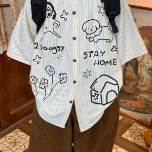 Striped Short Sleeve Shirt with Dog Print for Couples - Summer Loose Fit Versatile Top - Trendy Vintage Style
