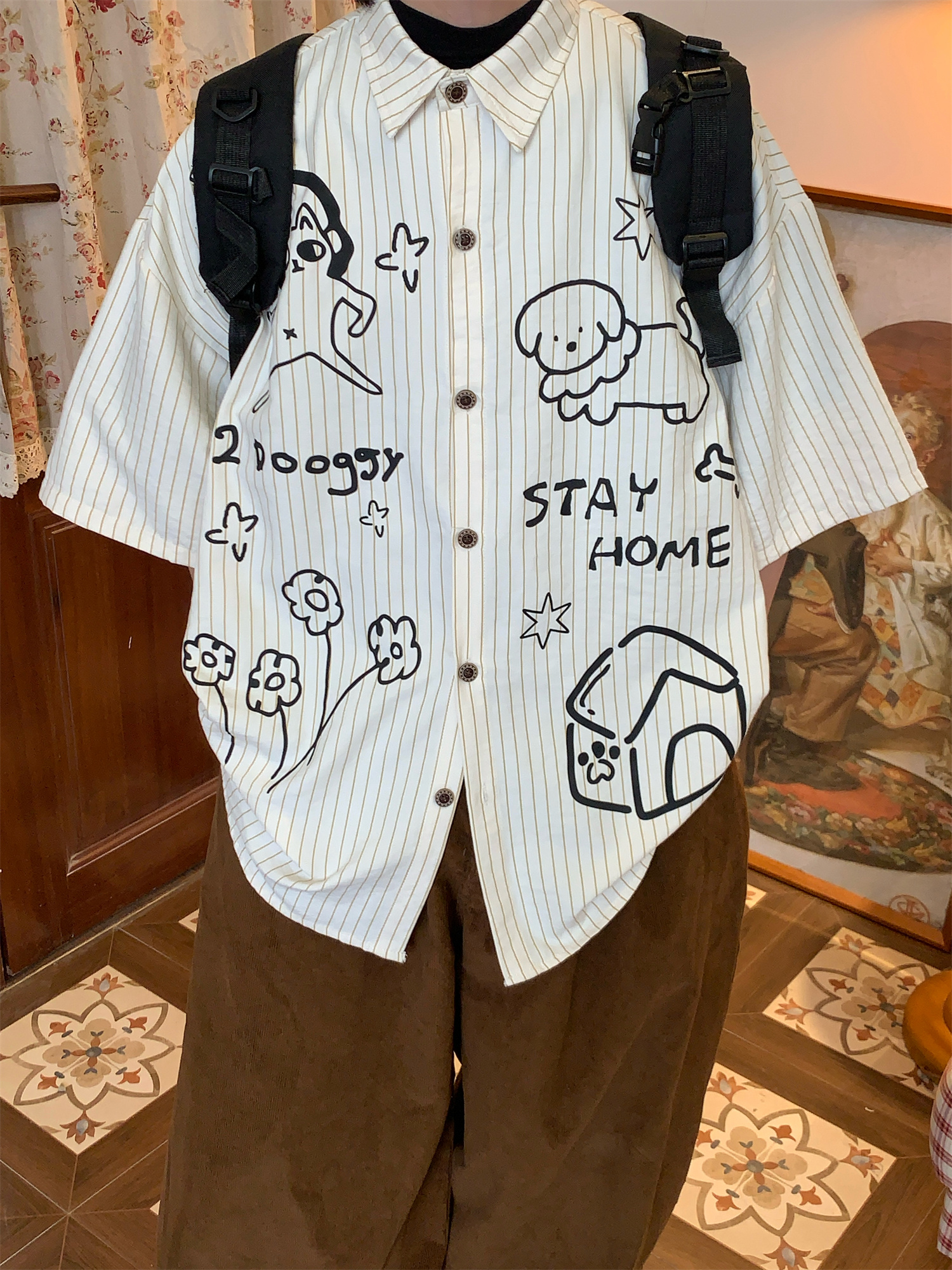 Striped Short Sleeve Shirt with Dog Print for Couples - Summer Loose Fit Versatile Top - Trendy Vintage Style Striped Short Sleeve Shirt with Dog Print for Couples - Summer Loose Fit Versatile Top - Trendy Vintage Style