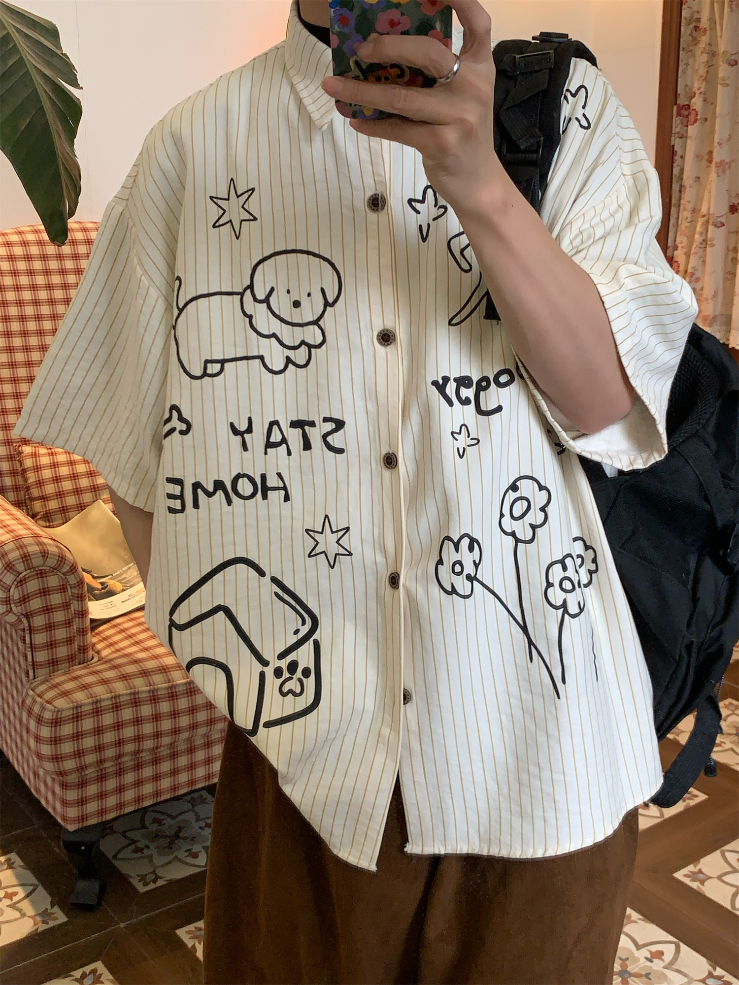 Striped Short Sleeve Shirt with Dog Print for Couples - Summer Loose Fit Versatile Top - Trendy Vintage Style Striped Short Sleeve Shirt with Dog Print for Couples - Summer Loose Fit Versatile Top - Trendy Vintage Style