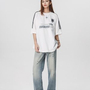 Striped Short Sleeve T-Shirt for Women - Casual American Sports Style, Loose Fit Summer Top for Couples