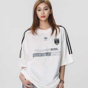 Striped Short Sleeve T-Shirt for Women - Casual American Sports Style, Loose Fit Summer Top for Couples