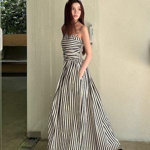 Striped Strapless Off-Shoulder Vacation Dress - Lightweight A-Line Long Dress with Black and White Vertical Stripes, Summer Style