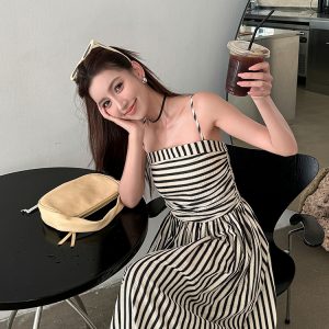 Striped Strapless Off-Shoulder Vacation Dress - Lightweight A-Line Long Dress with Black and White Vertical Stripes, Summer Style