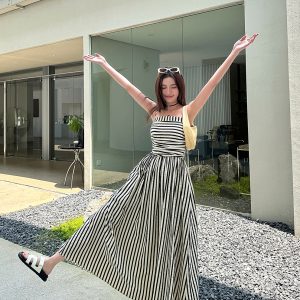 Striped Strapless Off-Shoulder Vacation Dress - Lightweight A-Line Long Dress with Black and White Vertical Stripes, Summer Style