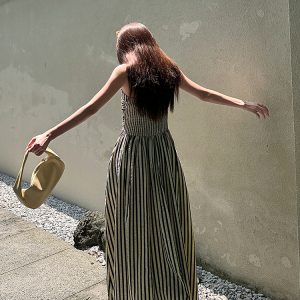 Striped Strapless Off-Shoulder Vacation Dress - Lightweight A-Line Long Dress with Black and White Vertical Stripes, Summer Style