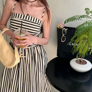 Striped Strapless Off-Shoulder Vacation Dress - Lightweight A-Line Long Dress with Black and White Vertical Stripes, Summer Style