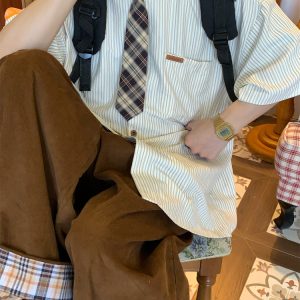 Striped Tie Casual Short Sleeve Shirt for Men and Women, Japanese Style Loose Versatile Top, Trendy Vintage-Inspired Fashion