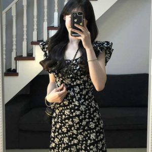 Stunning Black Floral Midi Dress with Cap Sleeves - 2025 Summer Date Night French Tea-Length Style