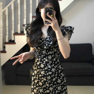 Stunning Black Floral Midi Dress with Cap Sleeves - 2025 Summer Date Night French Tea-Length Style
