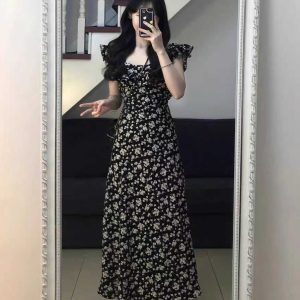 Stunning Black Floral Midi Dress with Cap Sleeves - 2025 Summer Date Night French Tea-Length Style