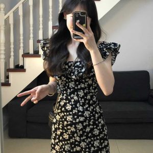 Stunning Black Floral Midi Dress with Cap Sleeves - 2025 Summer Date Night French Tea-Length Style
