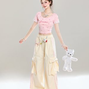 Stylish Butterfly Knot Casual Pants for Girls - Summer Loose Wide-Leg Trousers, Straight-Leg Draping Floor-Length Fashion Pants
