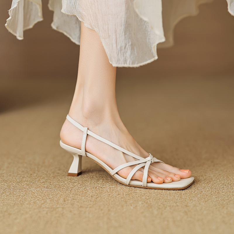 Stylish French Square-Toe Open-Toe Thin Strap Roman-Style Stiletto High-Heeled Sandals for Summer