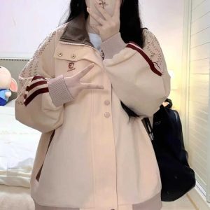 Stylish Pink Patchwork Baseball Jacket for Women - Unique Korean-Style Cardigan for Spring and Autumn Fashion
