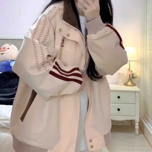 Stylish Pink Patchwork Baseball Jacket for Women - Unique Korean-Style Cardigan for Spring and Autumn Fashion