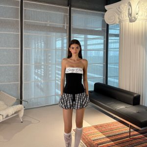 Stylish Split Lapel Strapless Top with Waist-Defined Design & Plaid Bubble Skirt - Quirky Y2K Fashion Outfit for Trendy Girls