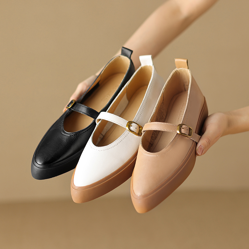 Stylish Women's Genuine Leather Pointed Toe One-Strap Mary Jane Shoes - Thick-Soled Platform Loafers for Trendy Looks Stylish Women's Genuine Leather Pointed Toe One-Strap Mary Jane Shoes - Thick-Soled Platform Loafers for Trendy Looks