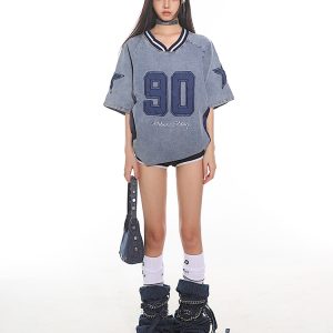 Summer 2025 American Vintage Denim Loose T-Shirt with Letter Embroidery for Women - Trendy Street Style Fashion