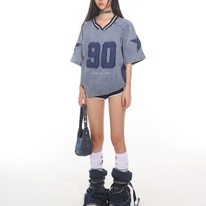 Summer 2025 American Vintage Denim Loose T-Shirt with Letter Embroidery for Women - Trendy Street Style Fashion