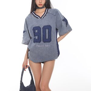 Summer 2025 American Vintage Denim Loose T-Shirt with Letter Embroidery for Women - Trendy Street Style Fashion
