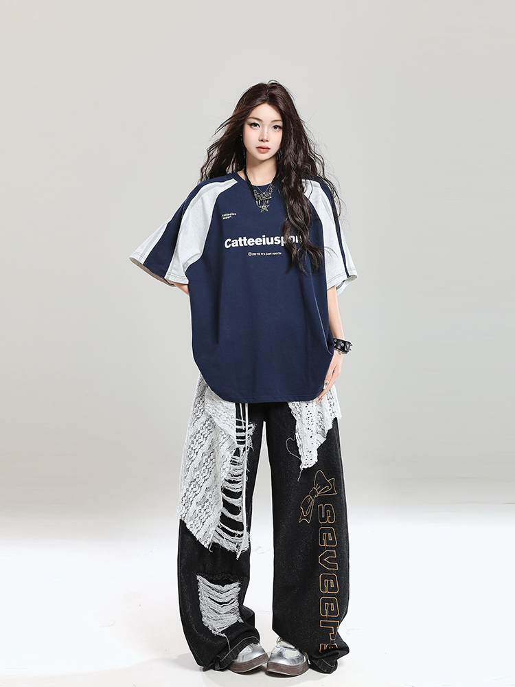 Summer 2025 College Style Letter Print Short-Sleeve T-Shirt for Girls - Loose Casual Top, Trendy Niche Design Summer 2025 College Style Letter Print Short-Sleeve T-Shirt for Girls - Loose Casual Top, Trendy Niche Design