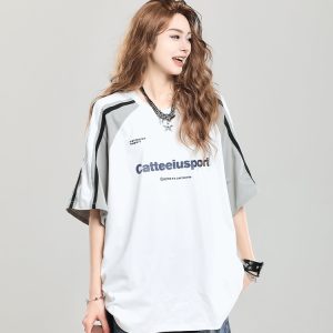 Summer 2025 College Style Letter Print Short-Sleeve T-Shirt for Girls - Loose Casual Top, Trendy Niche Design