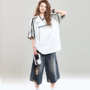 Summer 2025 College Style Letter Print Short-Sleeve T-Shirt for Girls - Loose Casual Top, Trendy Niche Design