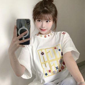 Summer 2025 Women's American Hip-Hop Style Embroidered Short Sleeve T-Shirt - Trendy Couple Streetwear Top