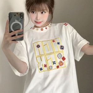 Summer 2025 Women's American Hip-Hop Style Embroidered Short Sleeve T-Shirt - Trendy Couple Streetwear Top