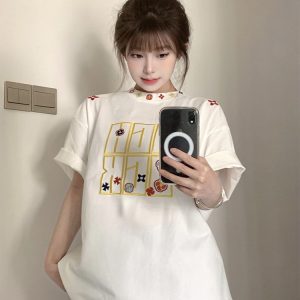 Summer 2025 Women's American Hip-Hop Style Embroidered Short Sleeve T-Shirt - Trendy Couple Streetwear Top